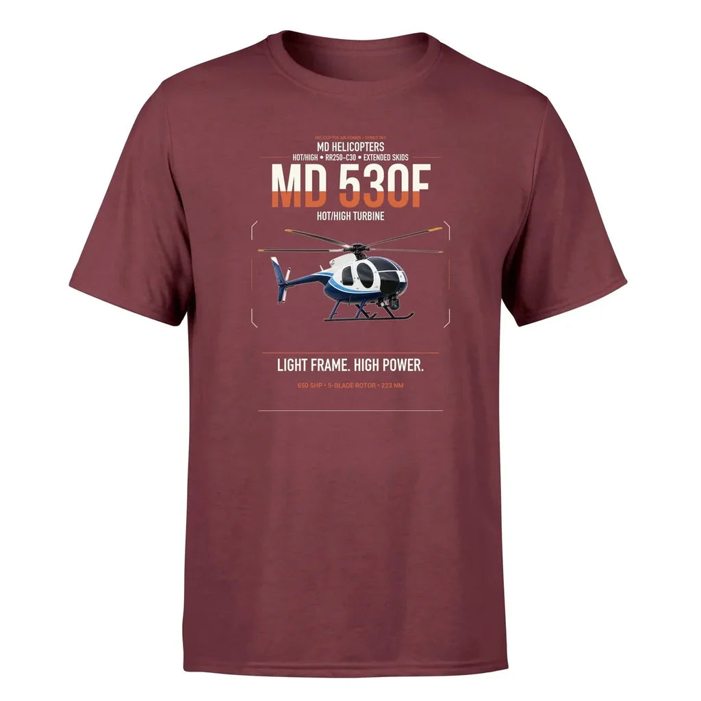 MD Helicopters MD 530F design on dark red t-shirt, single-side print