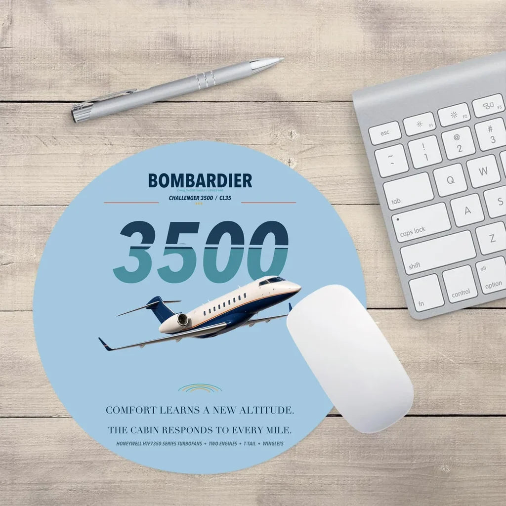 Bombardier Challenger 3500 design on light blue round mouse pad