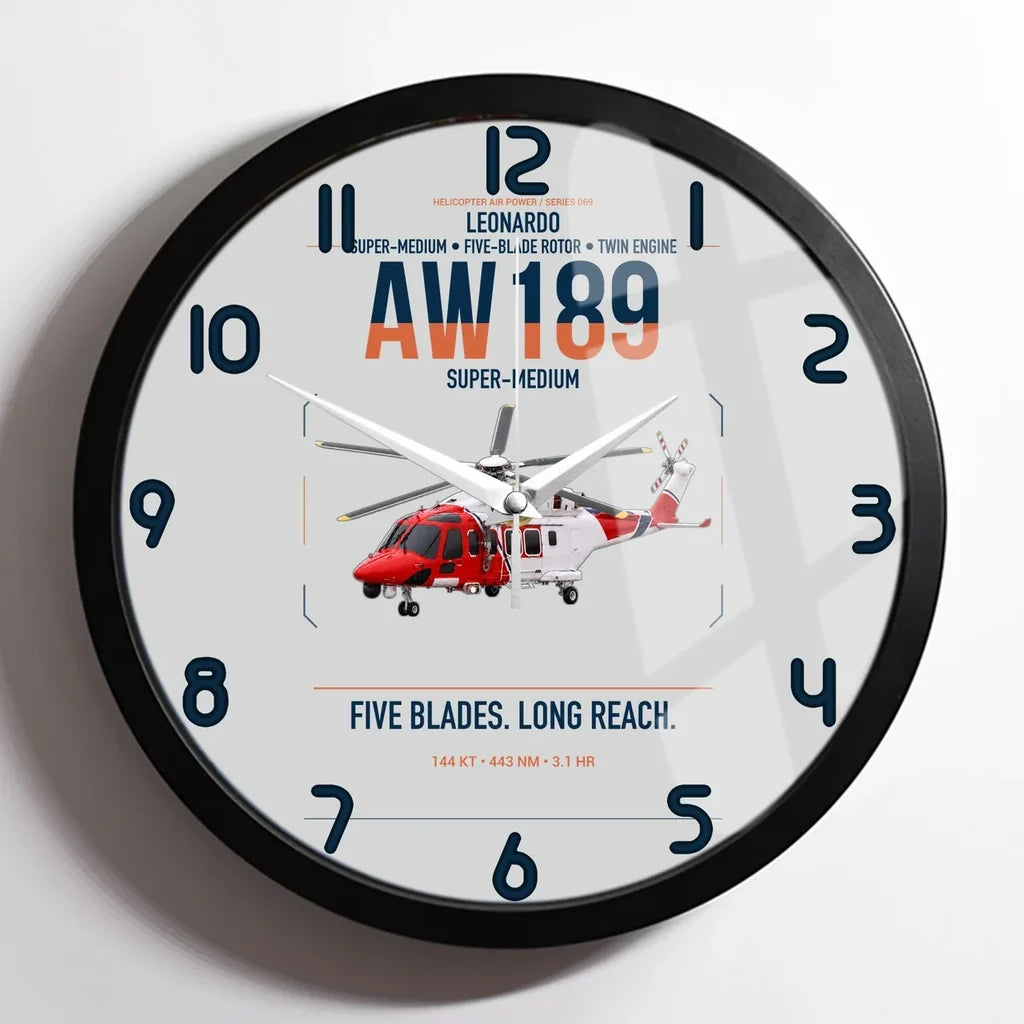 Leonardo AW189 design on light gray framed wall clock