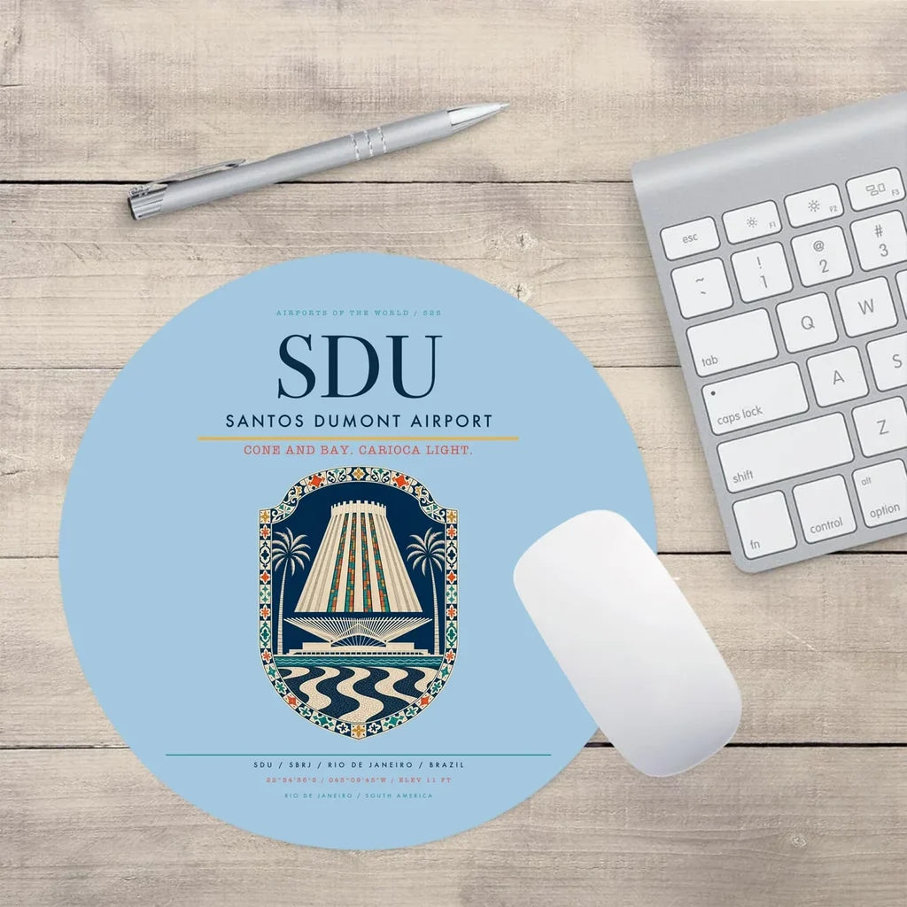 Santos Dumont Airport (SDU) design on light blue round mouse pad