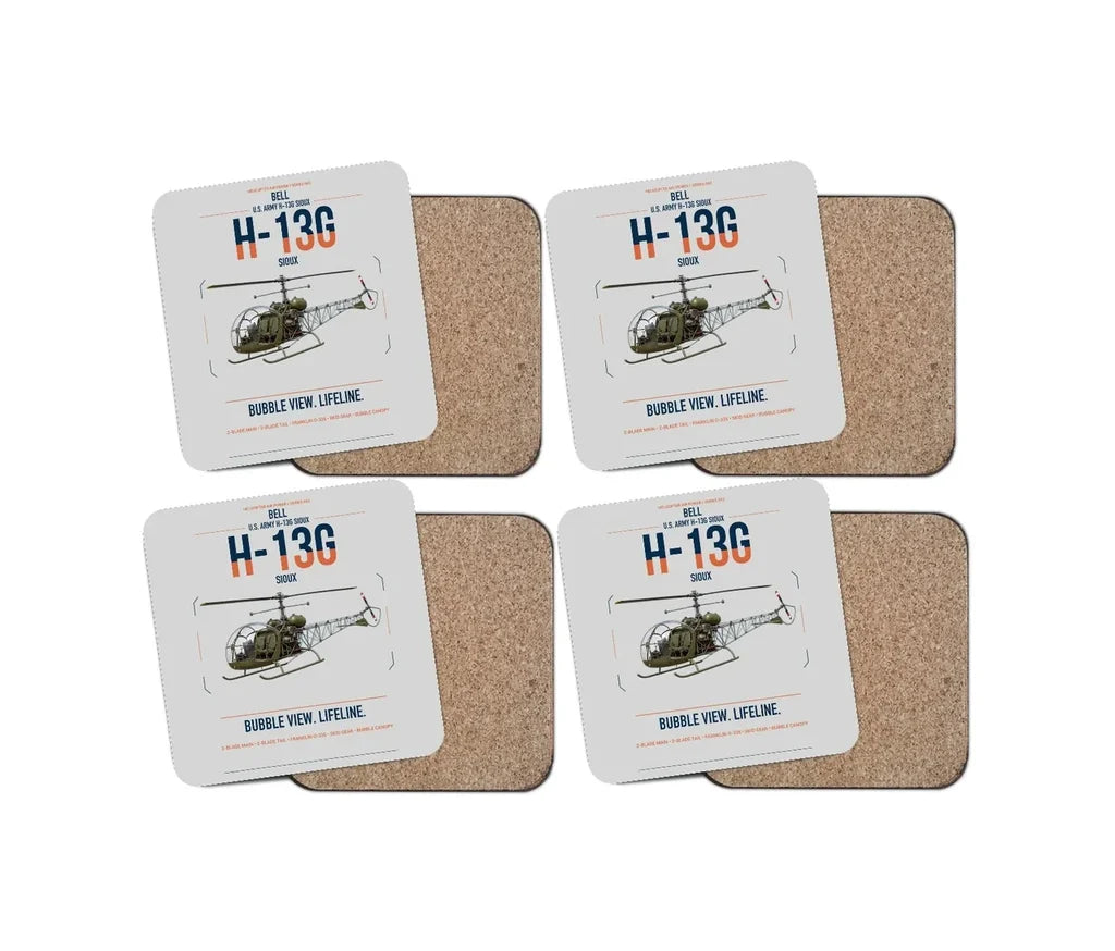 Bell H-13G Sioux design on light gray 4 pieces set coaster
