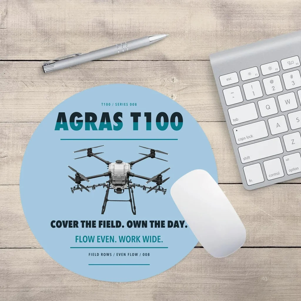 DJI Agras T100 design on light blue round mouse pad