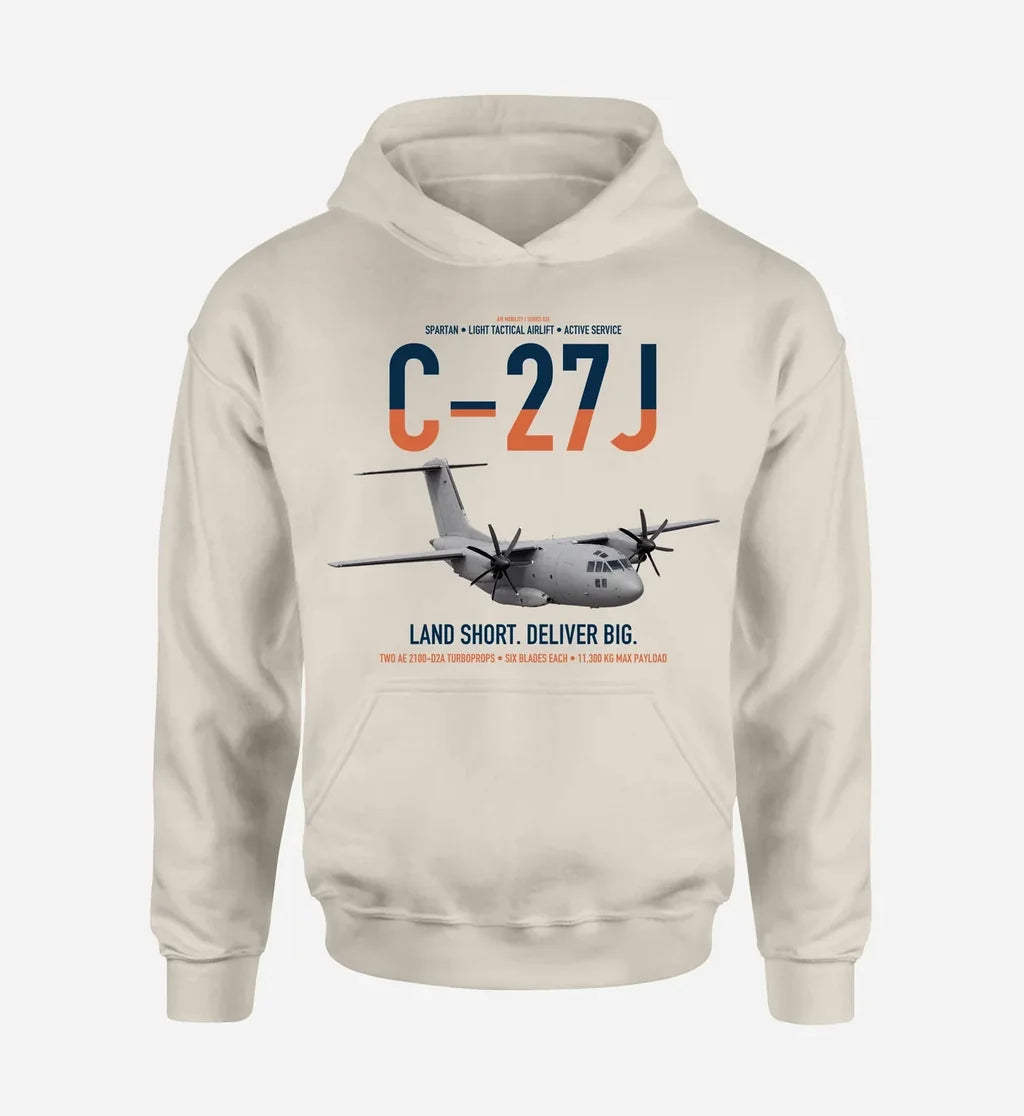 C-27J Spartan design on khaki double-side hoodie, single-side print