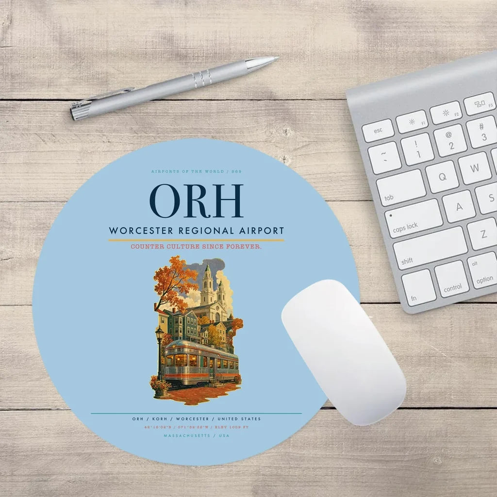 Worcester Regional Airport (ORH) design on light blue round mouse pad