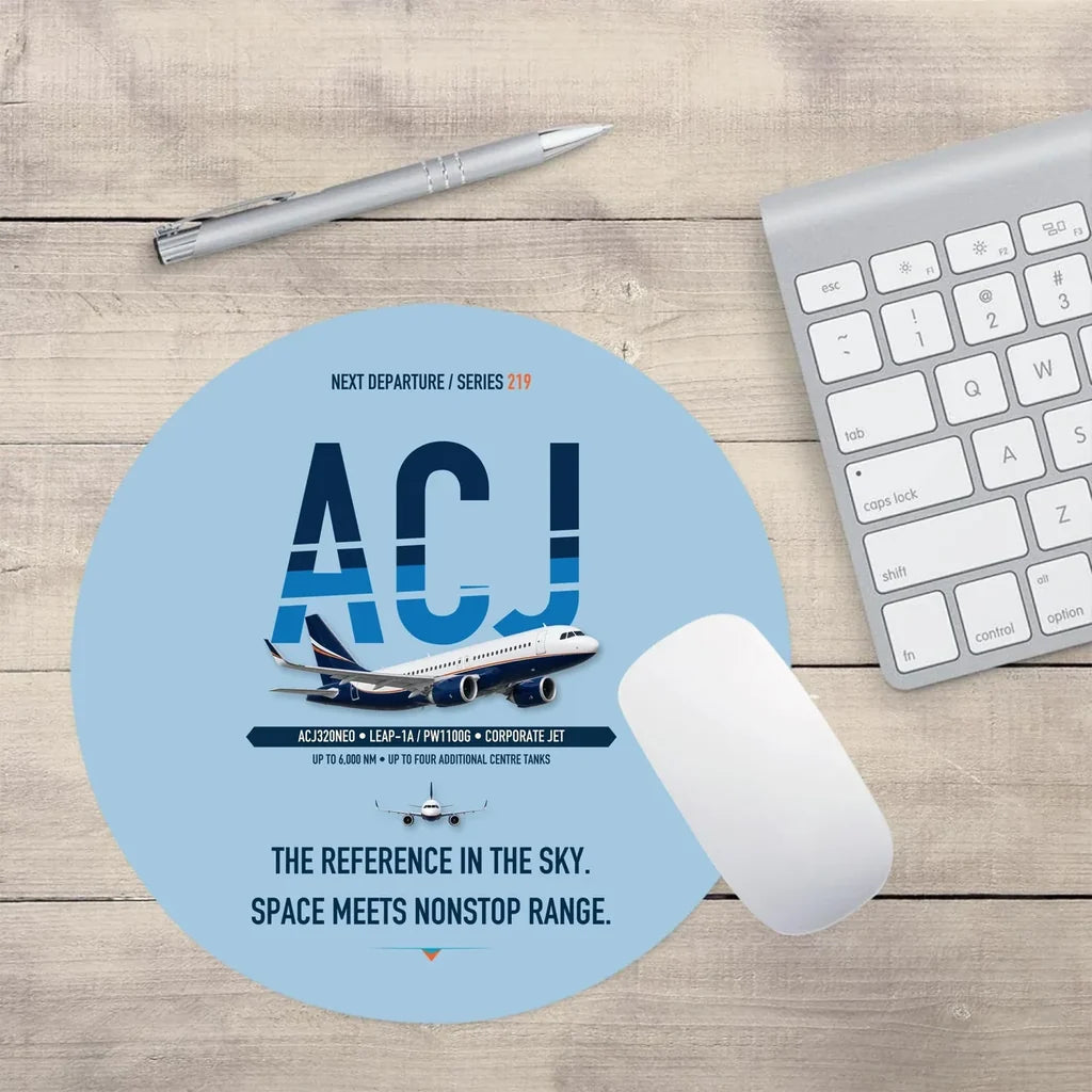 Airbus ACJ320neo design on light blue round mouse pad
