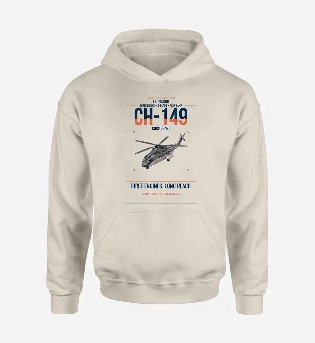 Leonardo CH-149 Cormorant design on khaki double-side hoodie, single-side print