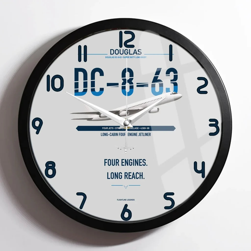 Douglas DC-8-63 design on light gray framed wall clock