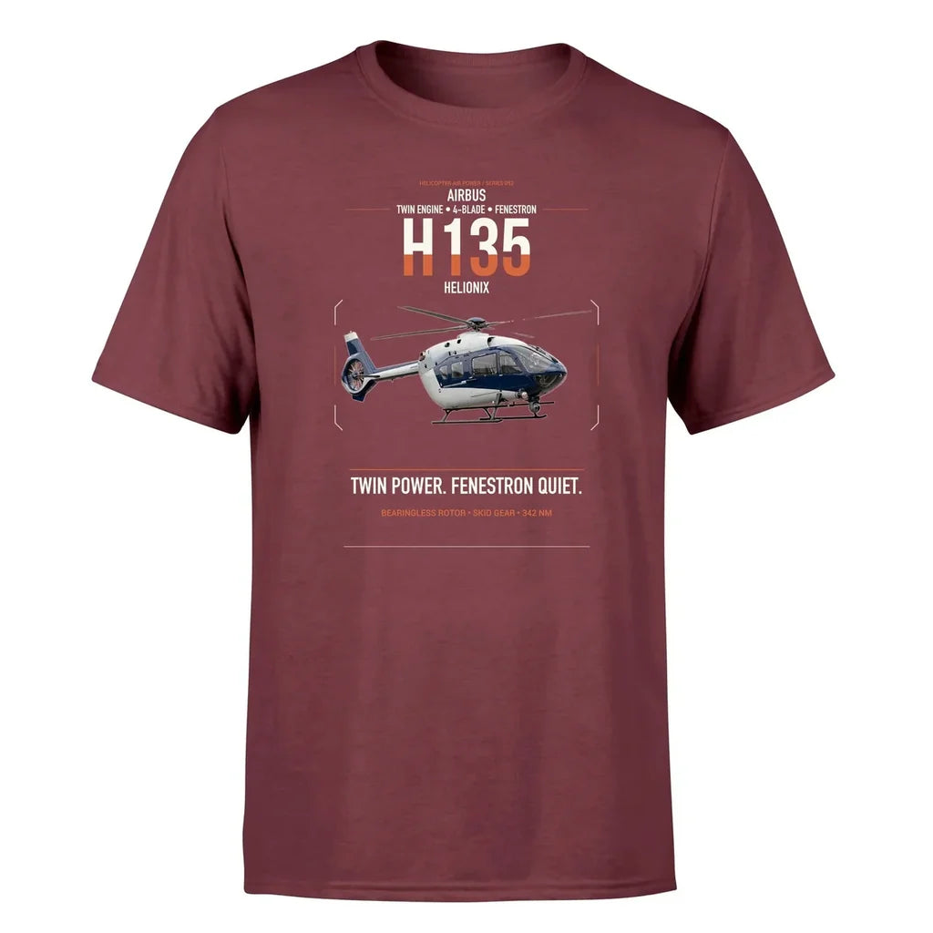 Airbus H135 design on dark red t-shirt, single-side print