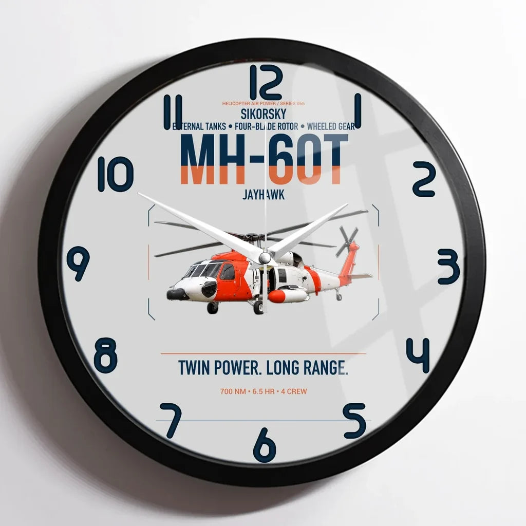 Sikorsky MH-60T Jayhawk design on light gray framed wall clock
