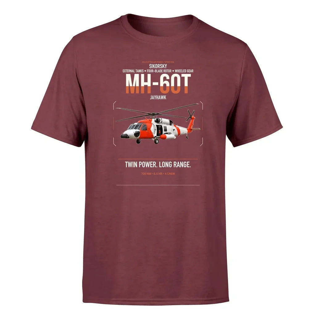 Sikorsky MH-60T Jayhawk design on dark red t-shirt, single-side print