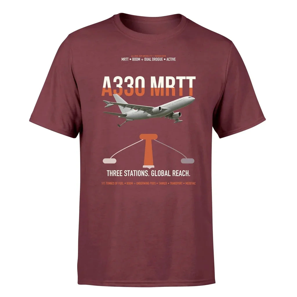 Airbus A330 MRTT design on dark red t-shirt, single-side print