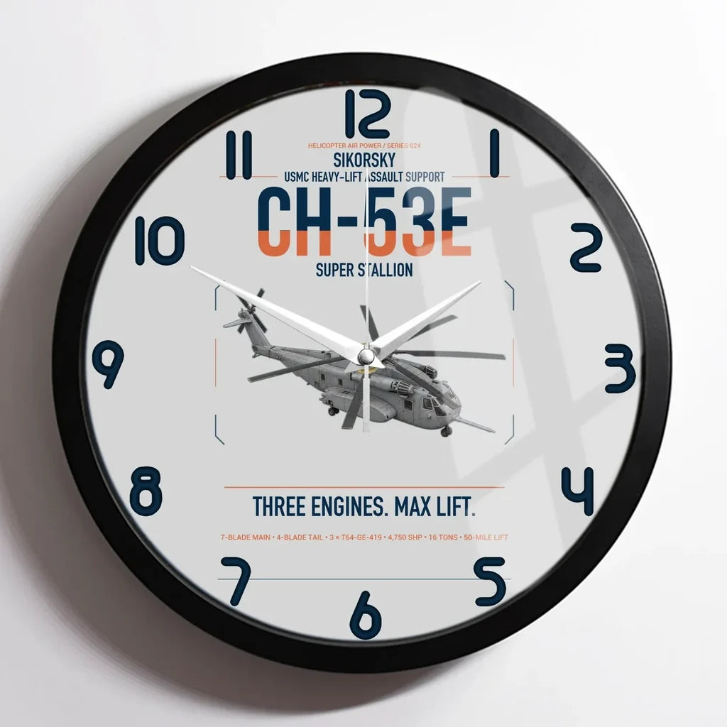Sikorsky CH-53E Super Stallion design on light gray framed wall clock