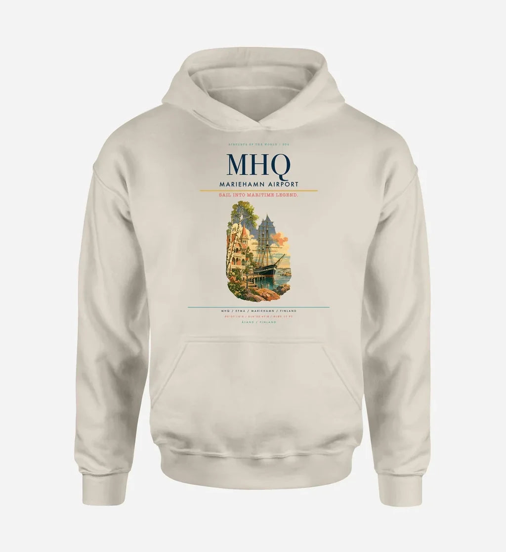 Mariehamn Airport (MHQ) design on khaki hoodie single-side print