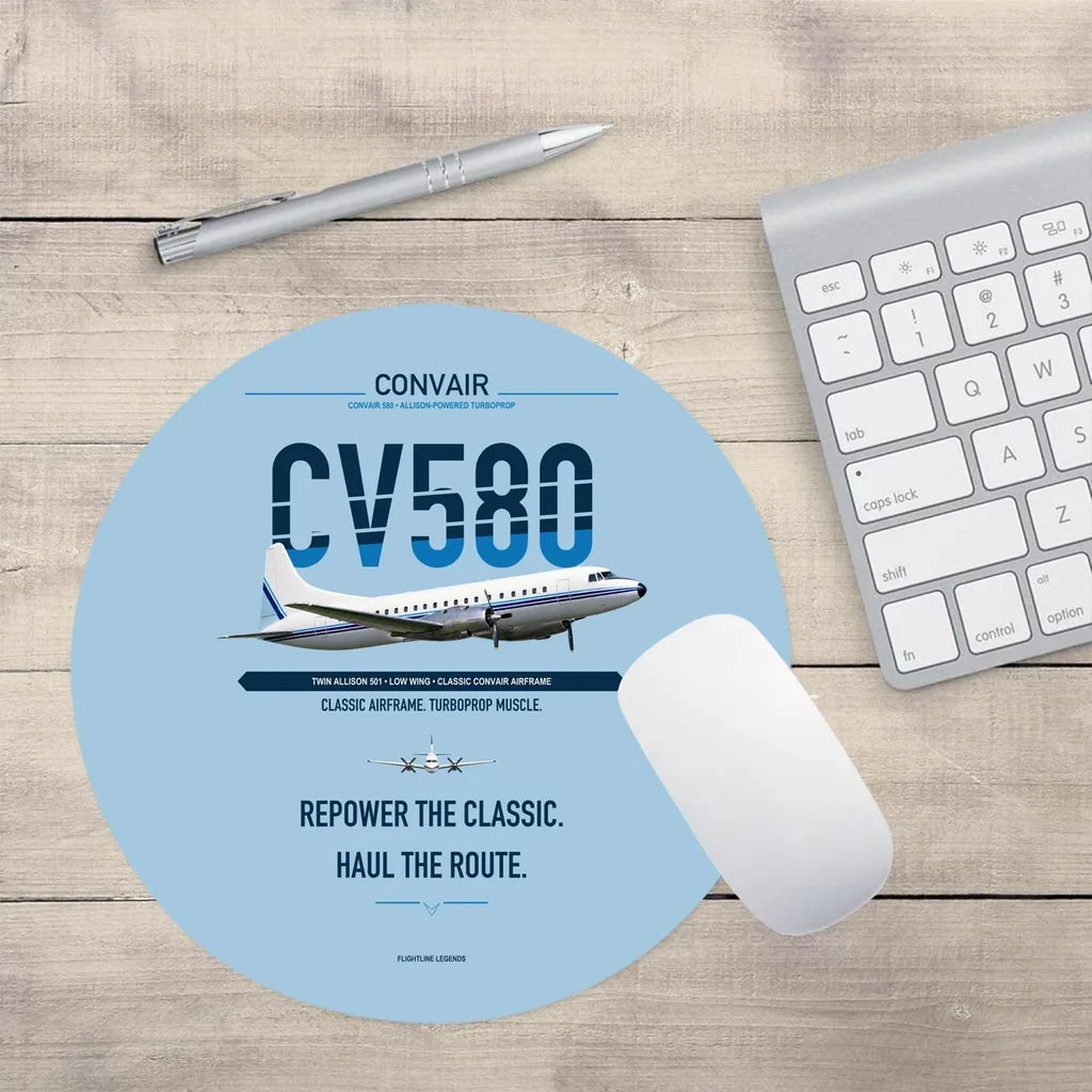 Convair 580 design on light blue round mouse pad