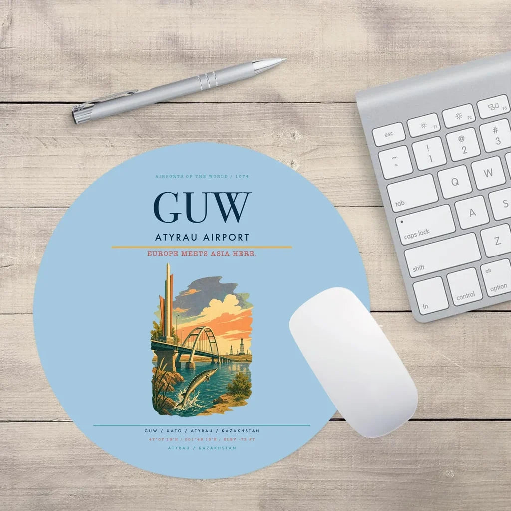 Atyrau Airport (GUW) design on light blue round mouse pad