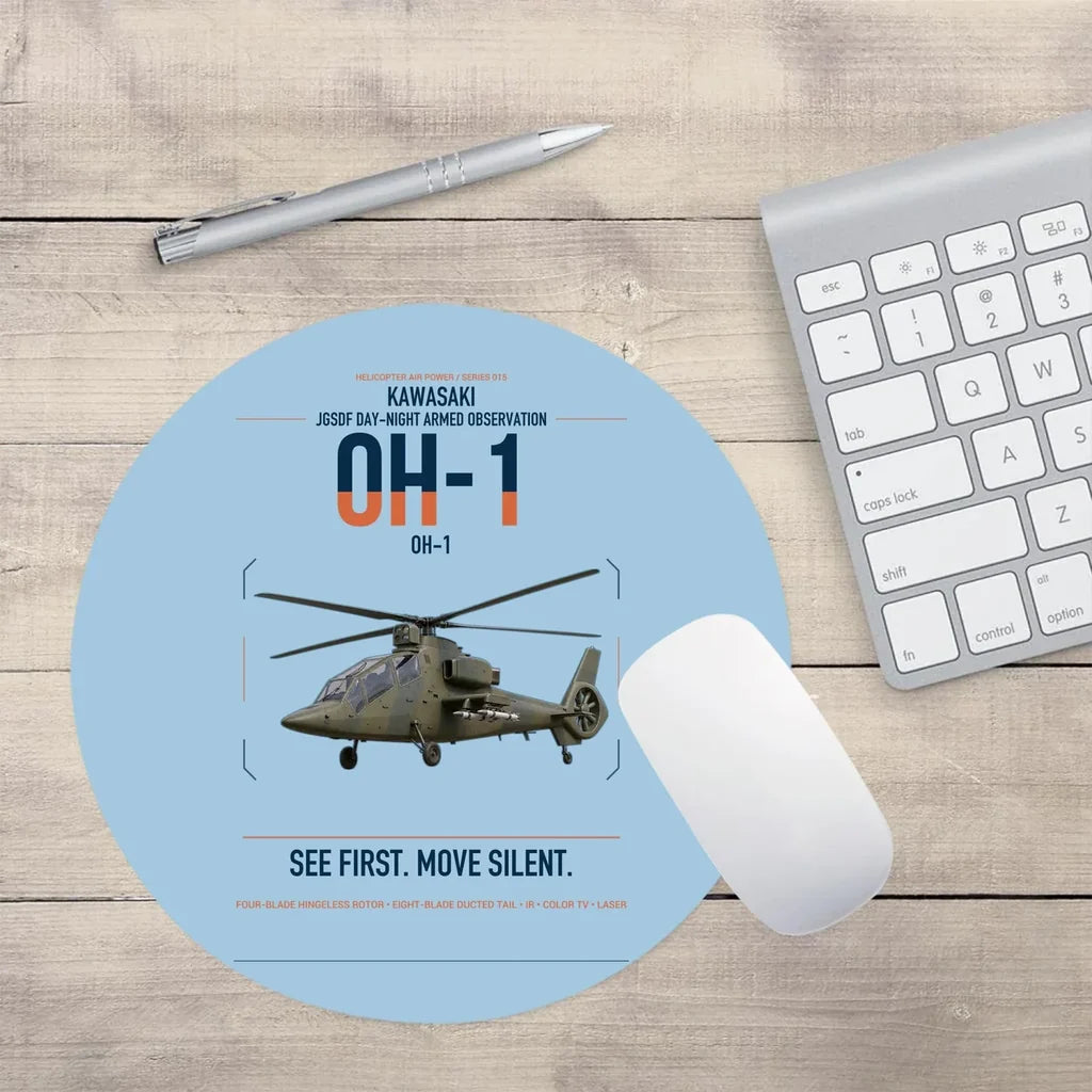 Kawasaki OH-1 design on light blue round mouse pad