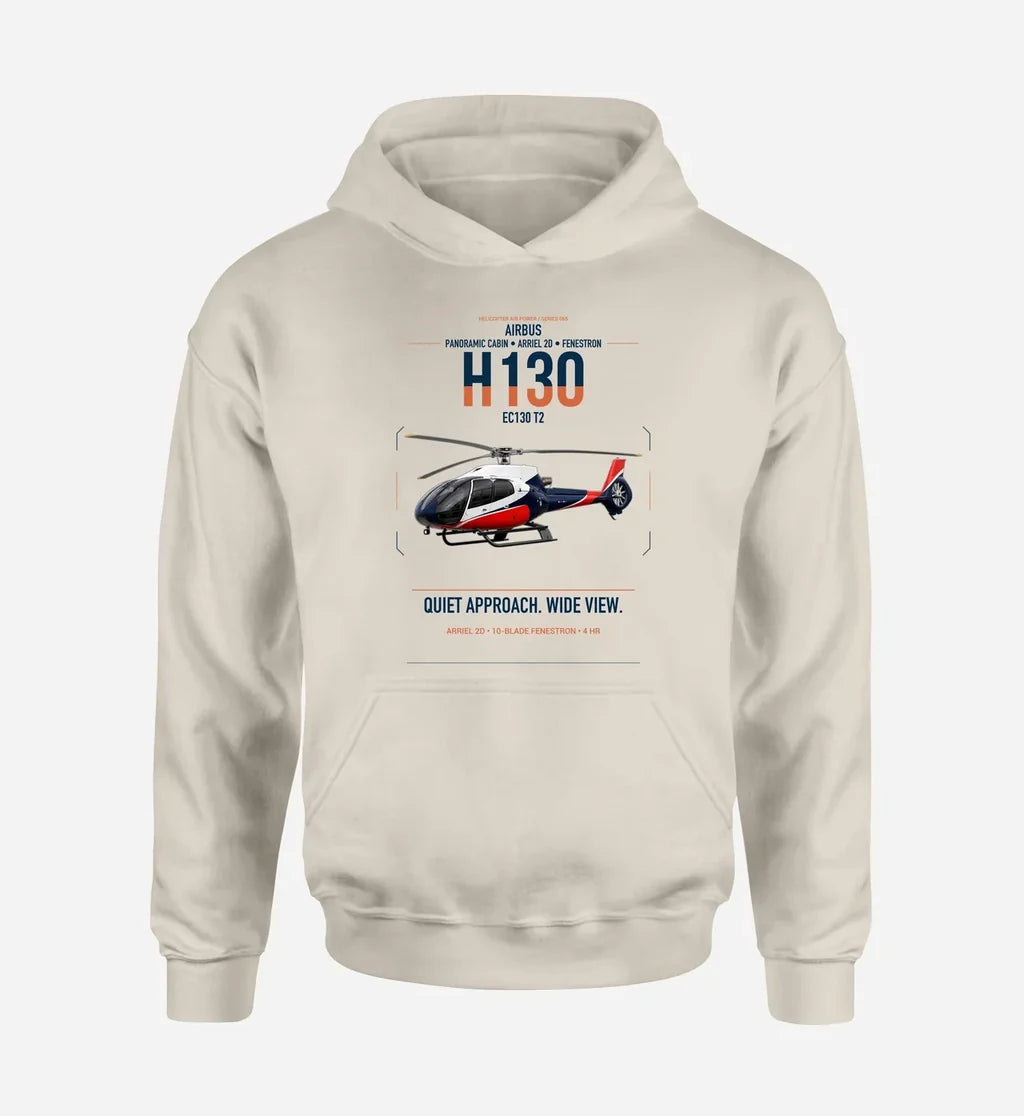 Airbus H130 design on khaki double-side hoodie, single-side print