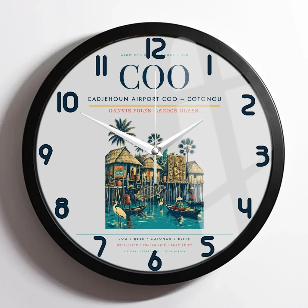 Cadjehoun Airport (COO) design on light gray framed wall clock