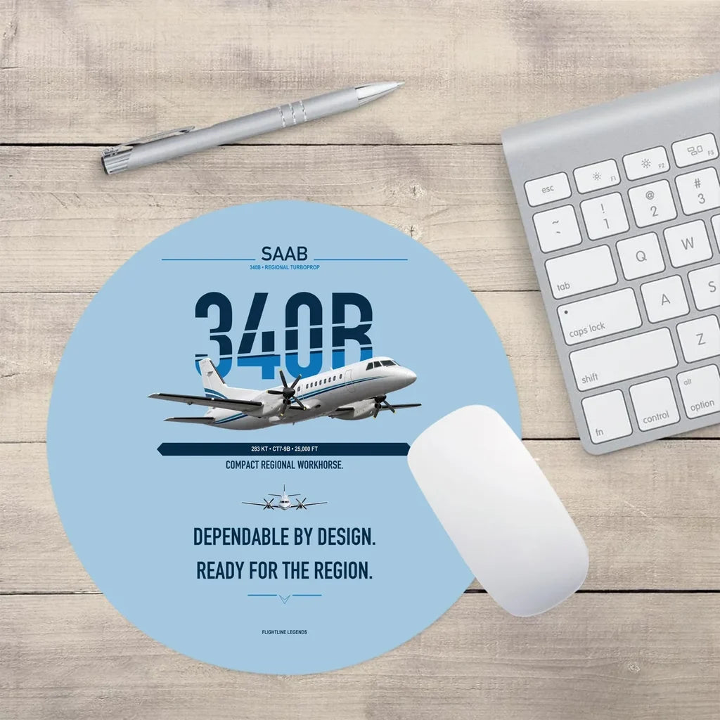 Saab 340B design on light blue round mouse pad