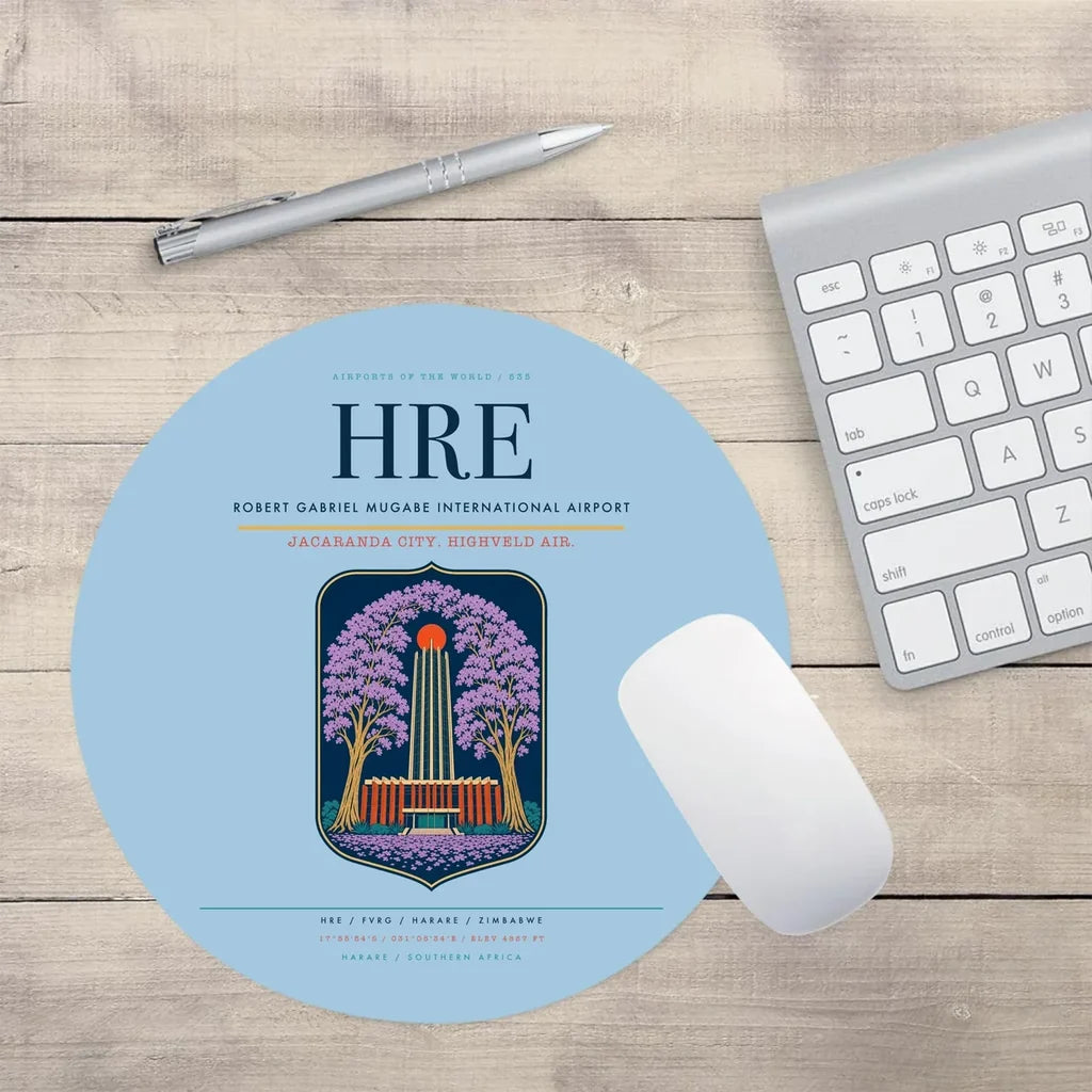 Robert Gabriel Mugabe International Airport (HRE) design on light blue round mouse pad