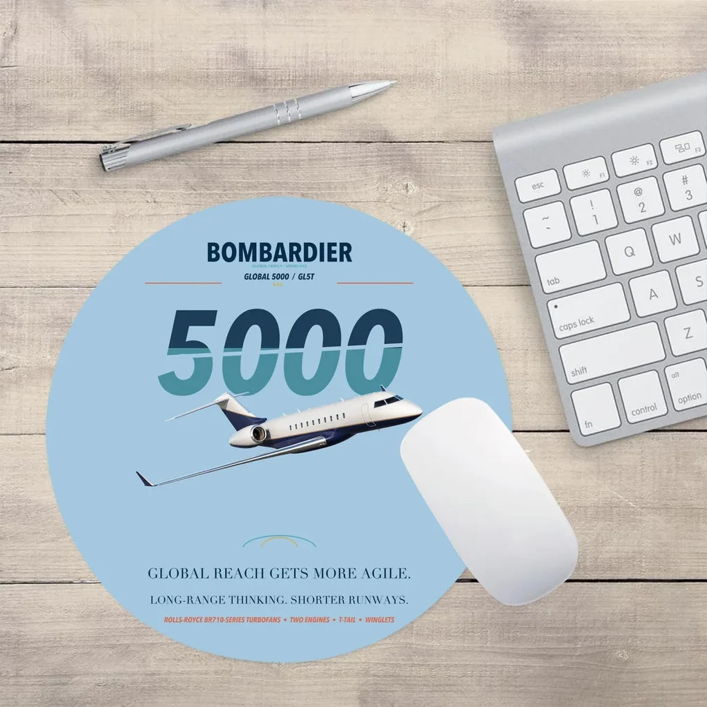 Bombardier Global 5000 design on light blue round mouse pad