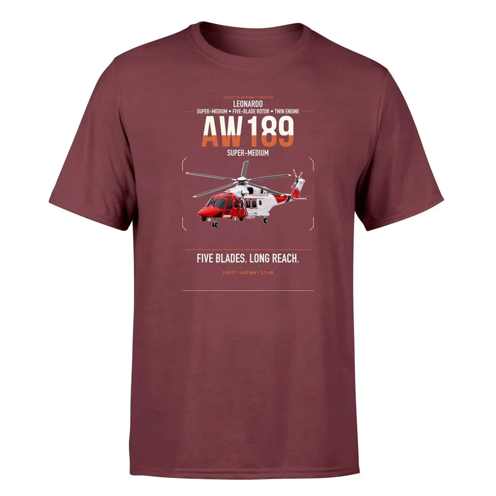 Leonardo AW189 design on dark red t-shirt, single-side print
