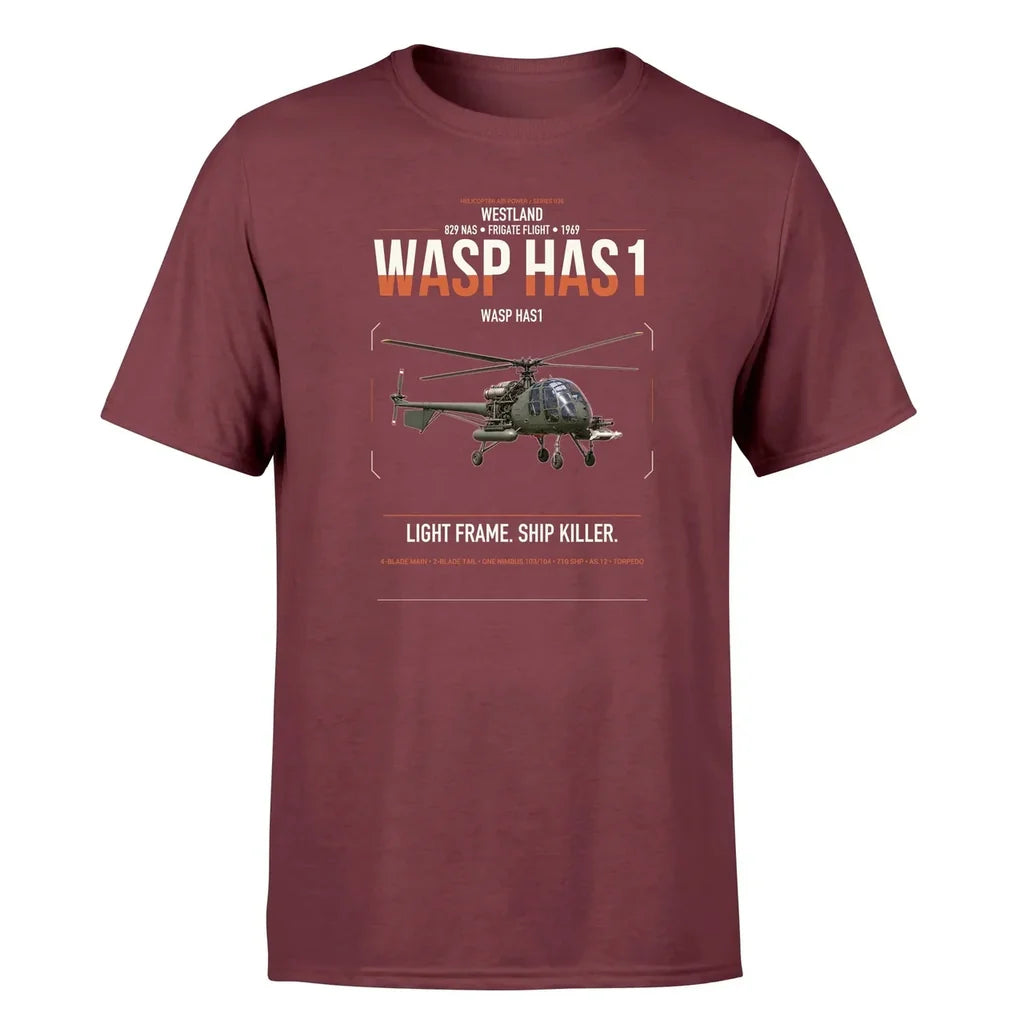 Westland Wasp HAS1 design on dark red t-shirt, single-side print