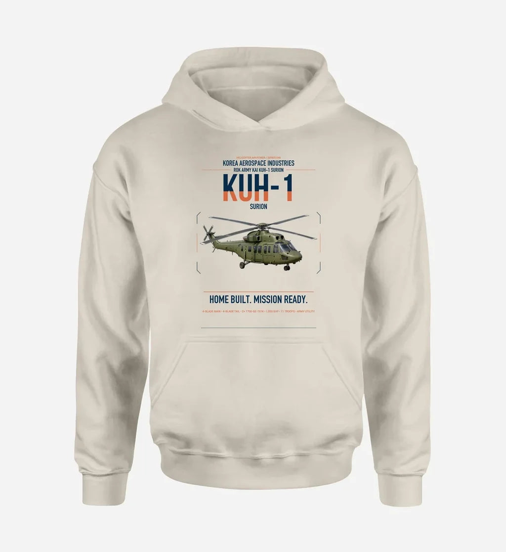 Korea Aerospace Industries KUH-1 Surion design on khaki double-side hoodie, single-side print