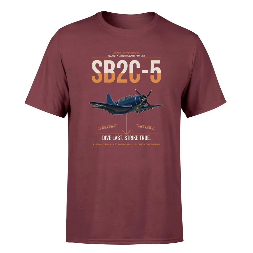 SB2C-5 Helldiver design on dark red double-side t-shirt, single-side print