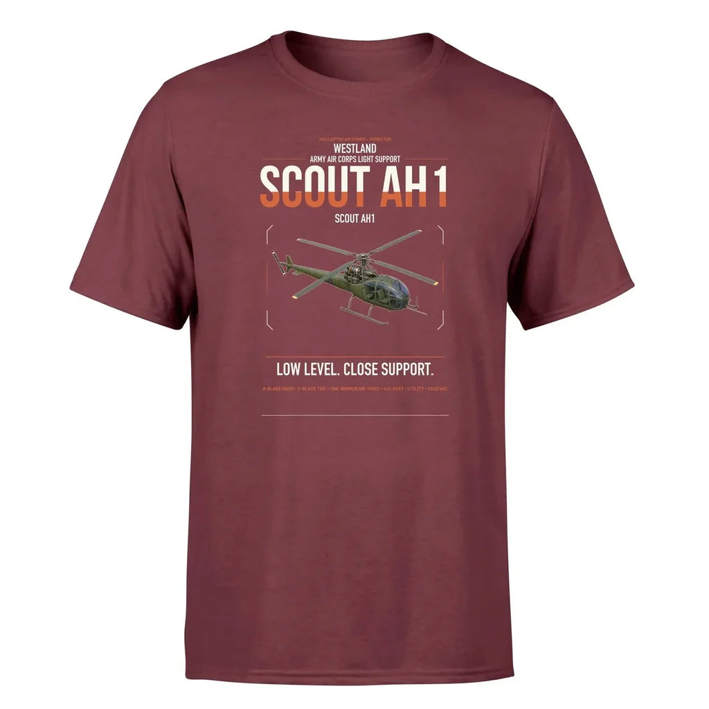Westland Scout AH1 design on dark red t-shirt, single-side print