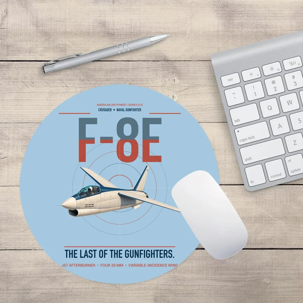 F-8E Crusader design on light blue round mouse pad