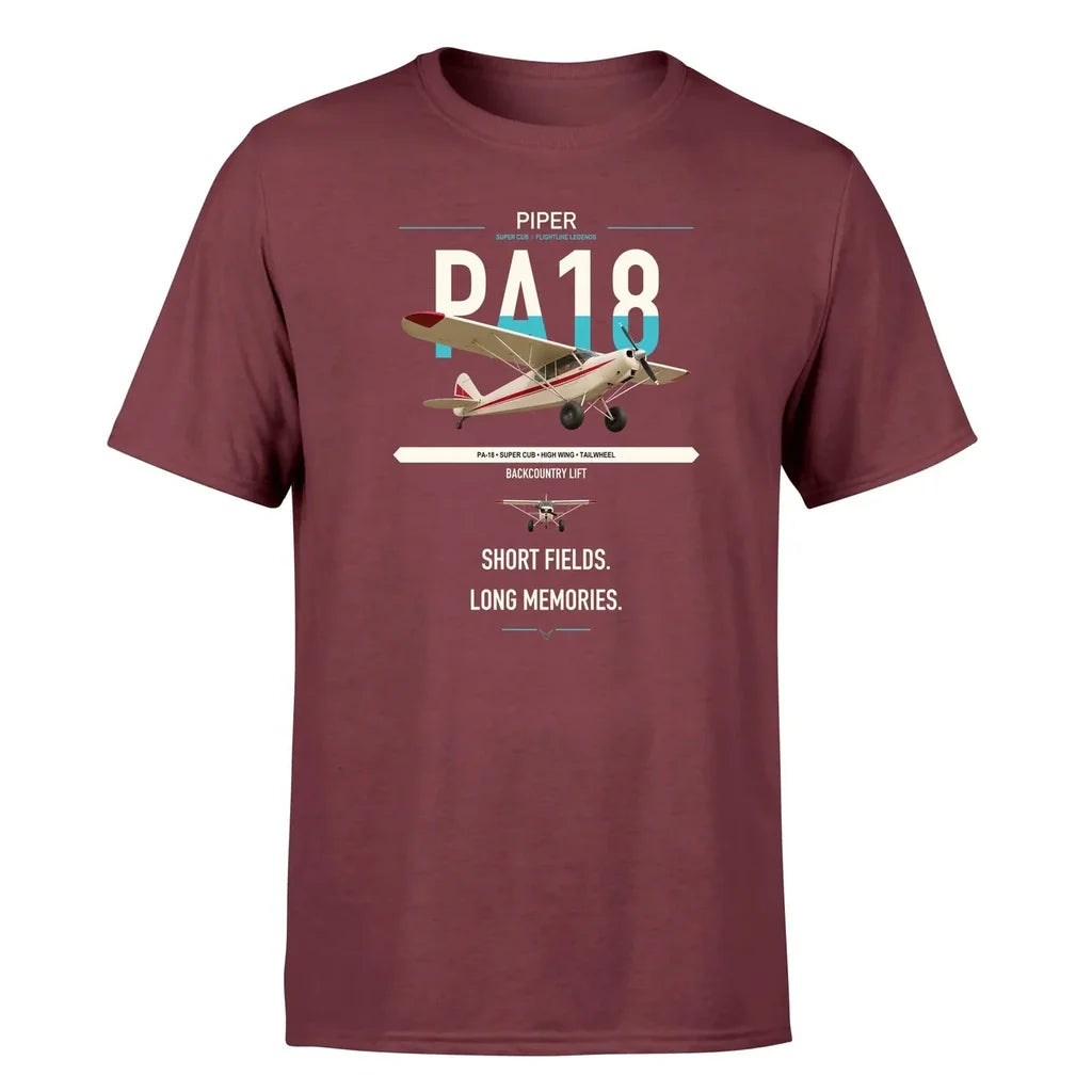 Piper PA-18 Super Cub design on dark red t-shirt, single-side print