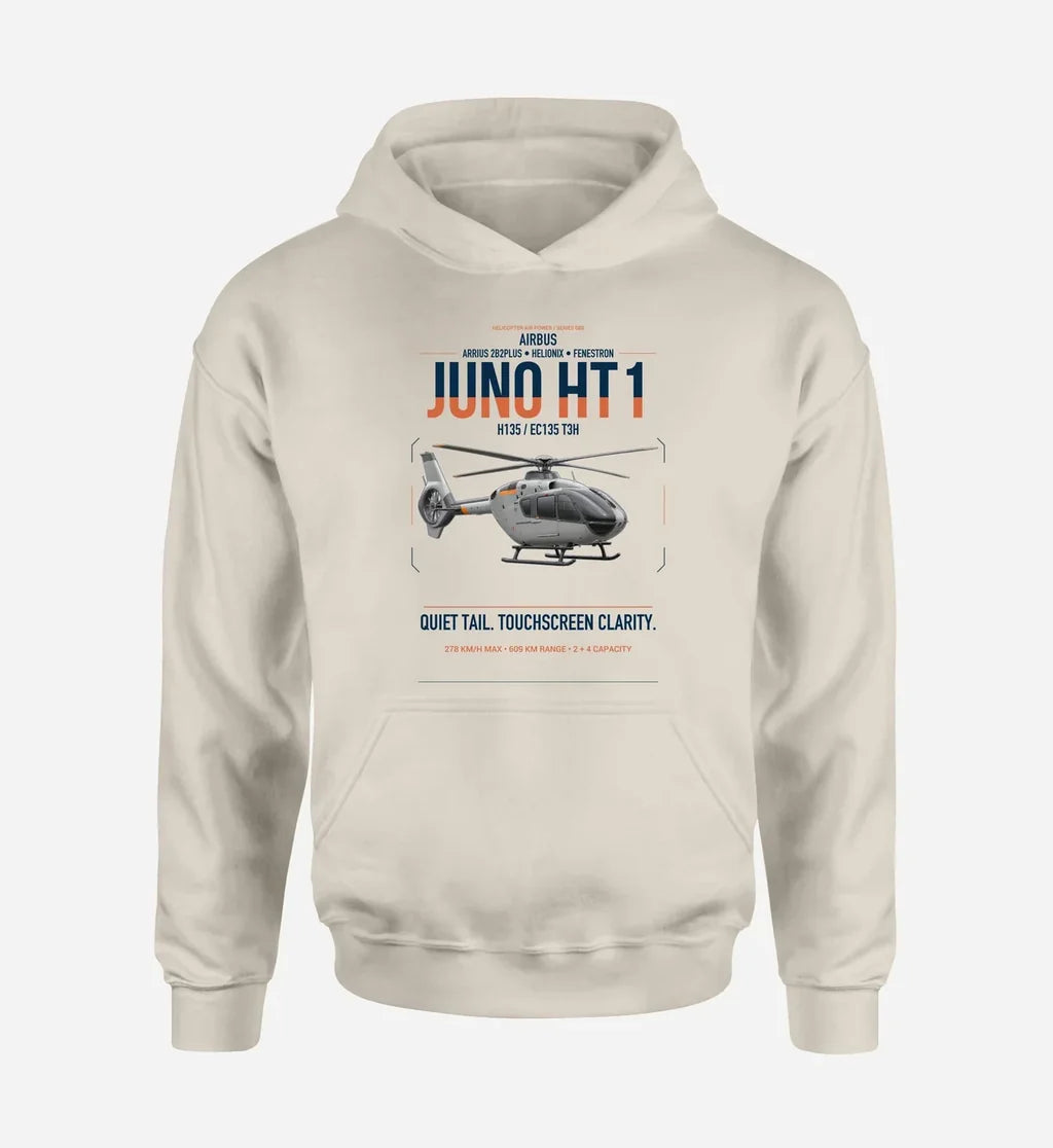 Airbus H135 Juno HT1 design on khaki double-side hoodie, single-side print
