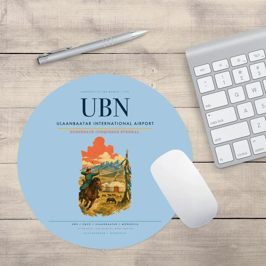 Ulaanbaatar International Airport (UBN) design on light blue round mouse pad