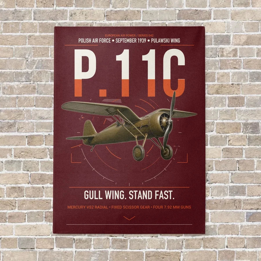 PZL P.11c vertical canvas print - no frame - dark red background