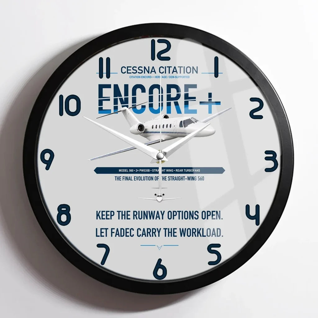 Cessna Citation Encore+ design on light gray framed wall clock