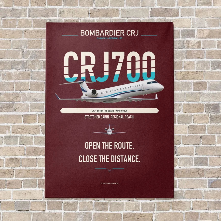 Bombardier CRJ700 vertical canvas print - no frame - dark red background