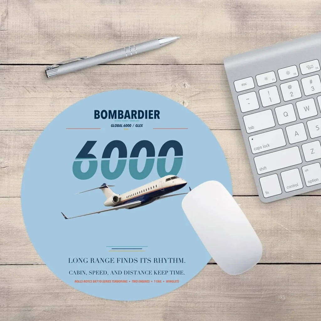 Bombardier Global 6000 design on light blue round mouse pad