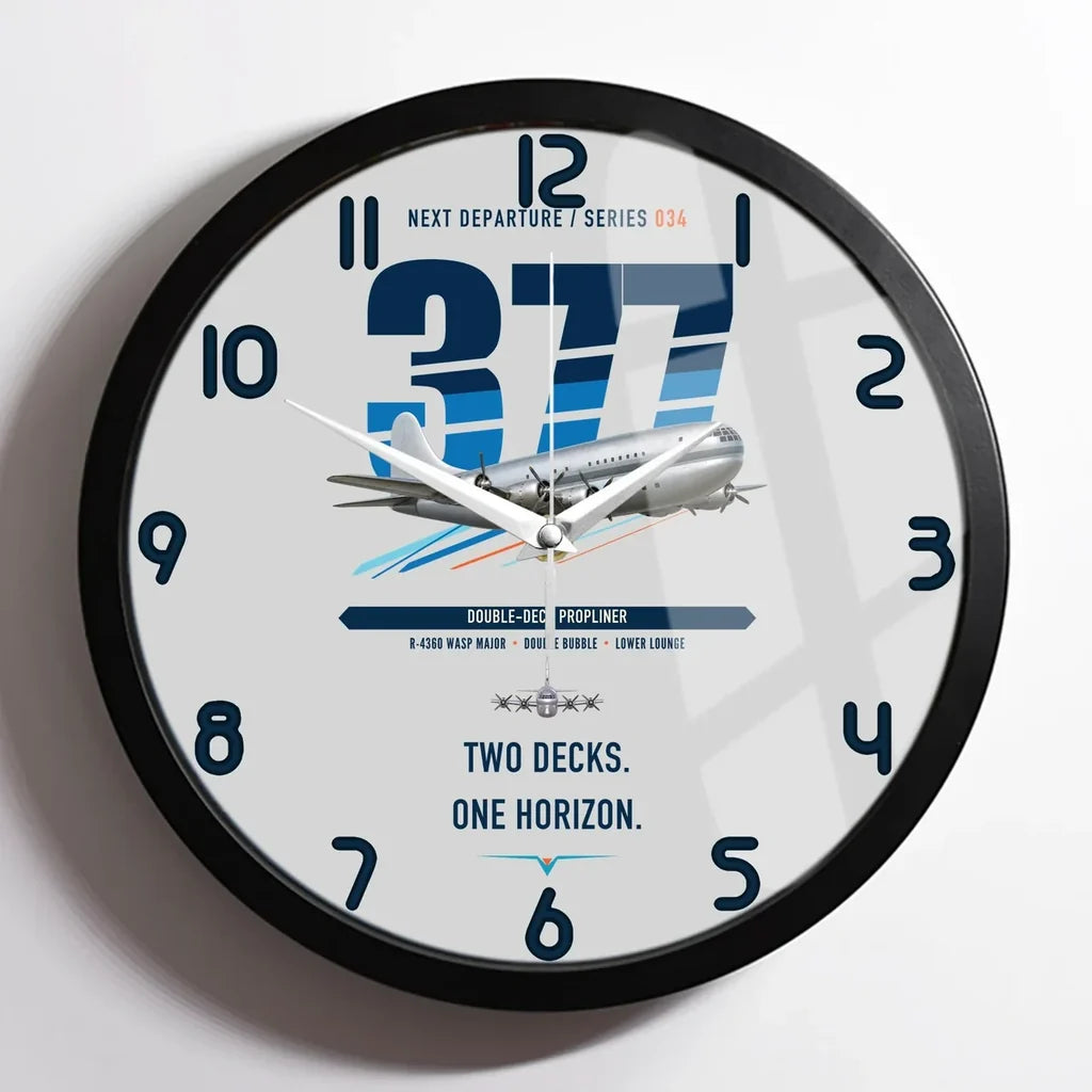 Boeing 377 Stratocruiser design on light gray framed wall clock