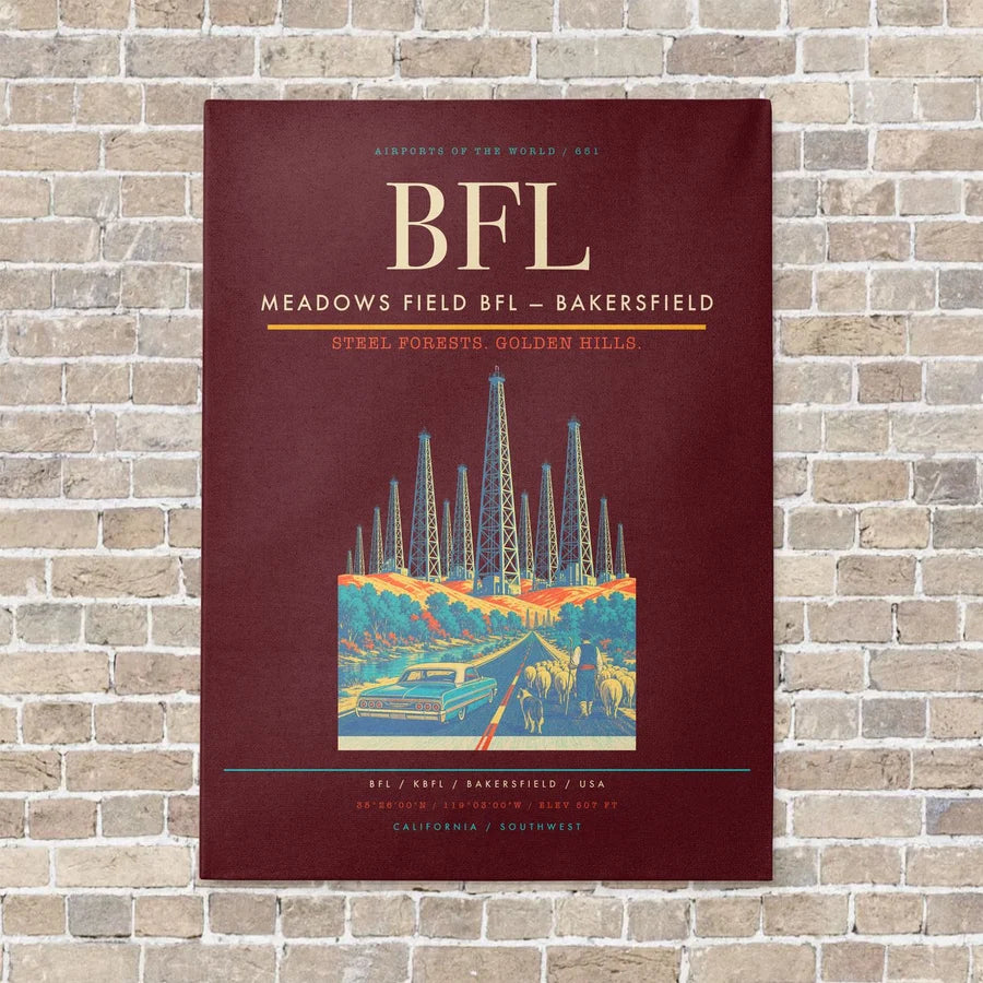 Meadows Field BFL — Bakersfield vertical canvas print - no frame - dark red background