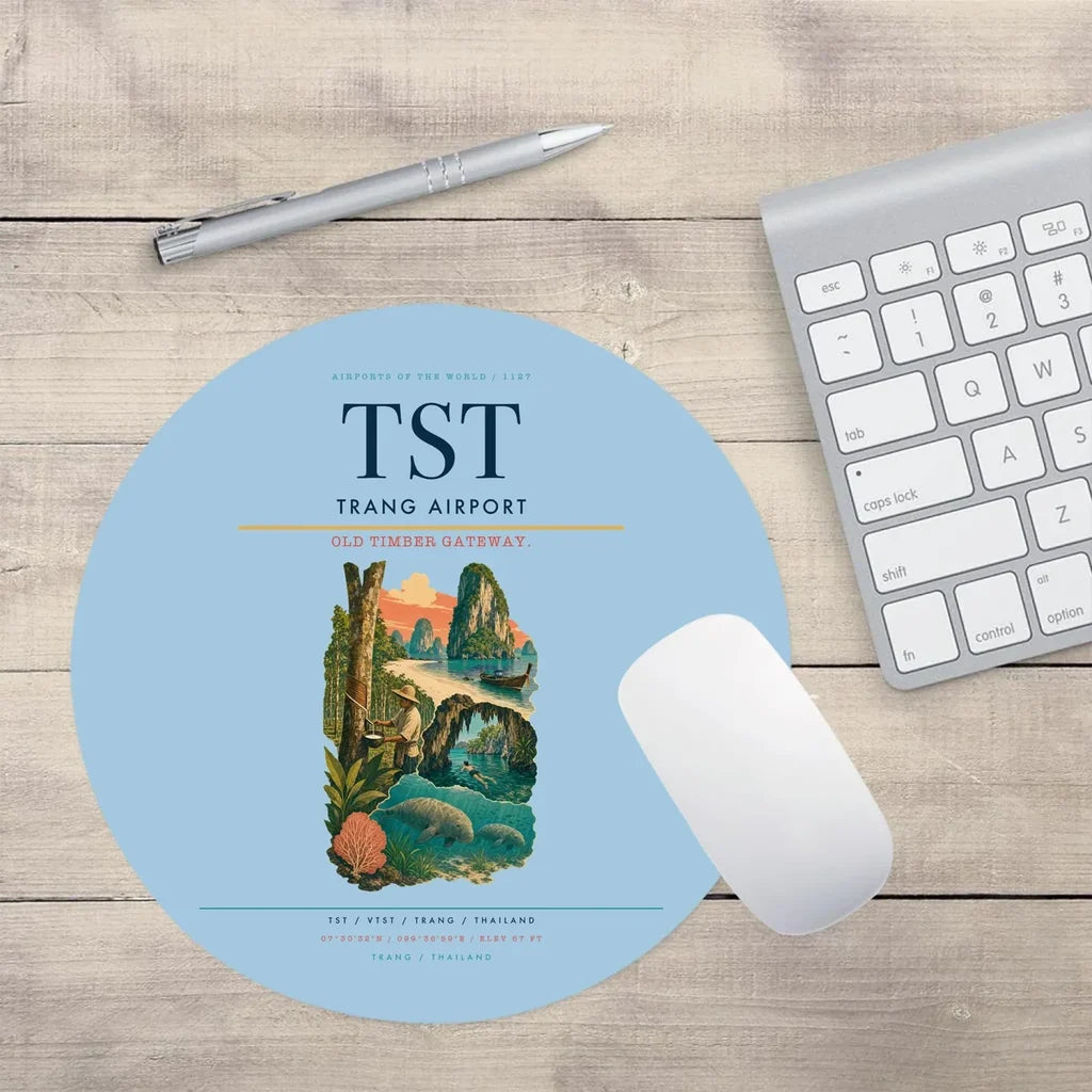 Trang Airport (TST) design on light blue round mouse pad