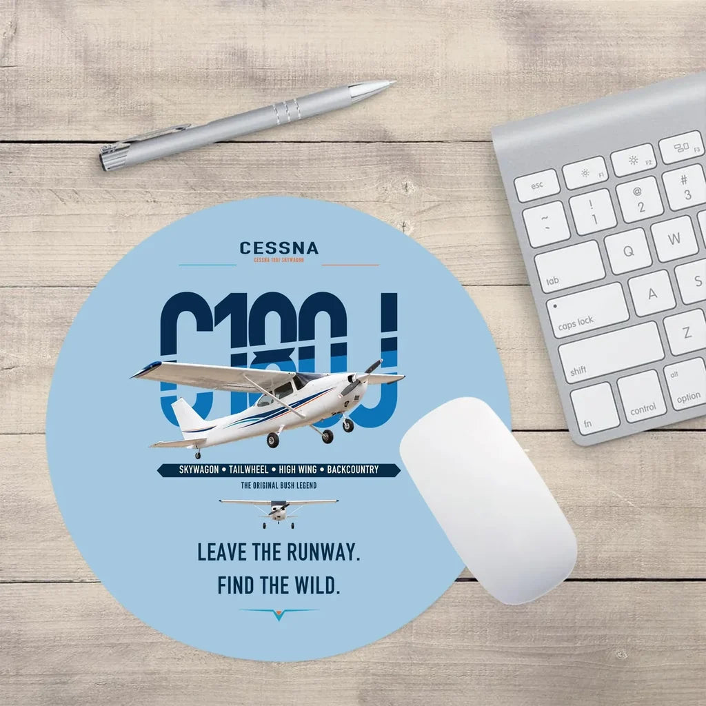 Cessna 180J Skywagon design on light blue round mouse pad