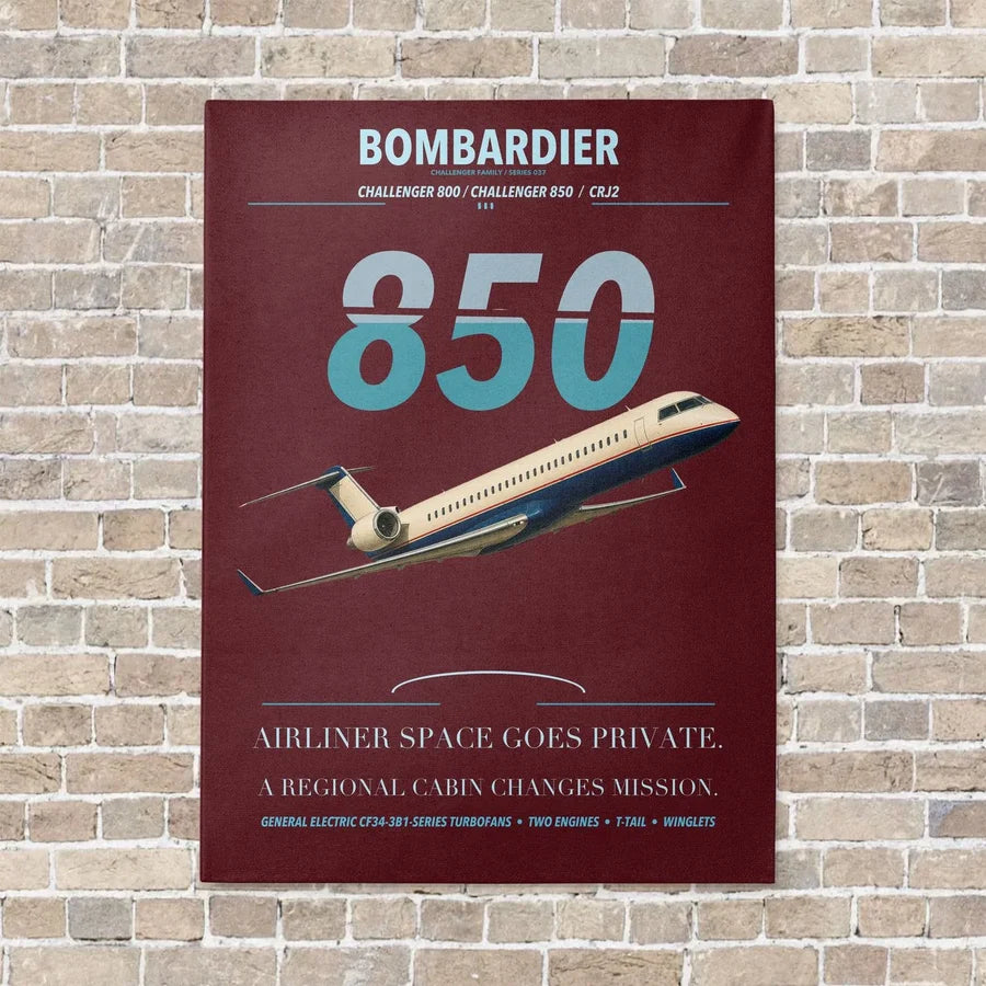 Bombardier Challenger 850 vertical canvas print - no frame - dark red background