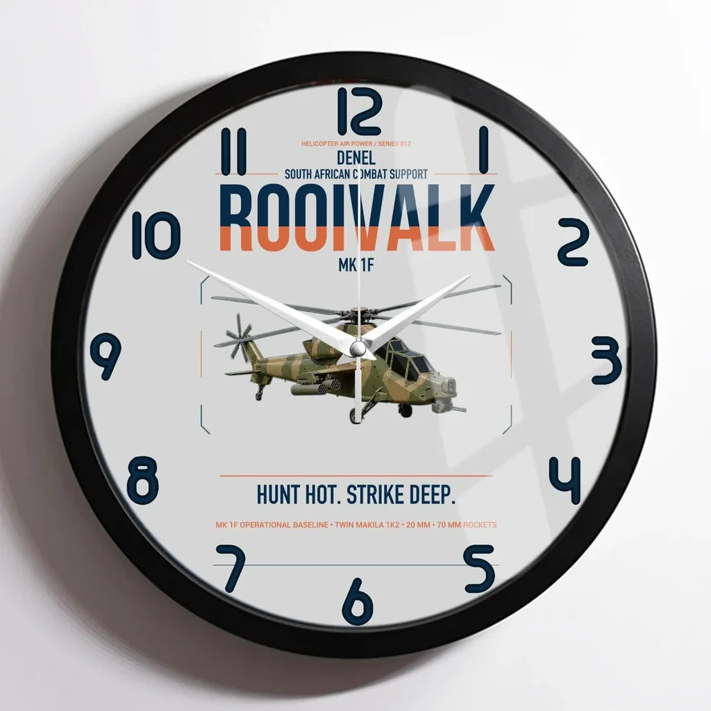 Denel Rooivalk Mk 1F design on light gray framed wall clock