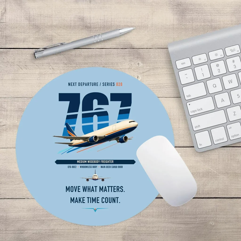 Boeing 767-300F design on light blue round mouse pad