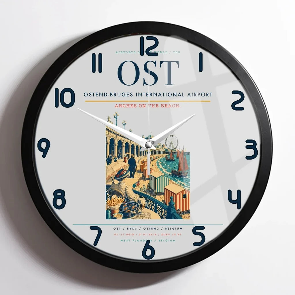 Ostend-Bruges International Airport (OST) design on light gray framed wall clock