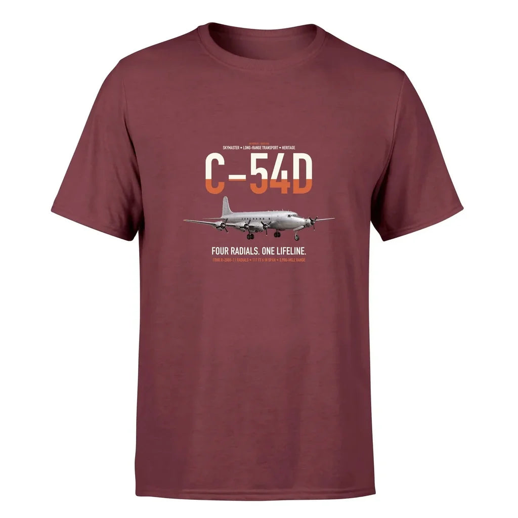 C-54D Skymaster design on dark red double-side t-shirt, single-side print