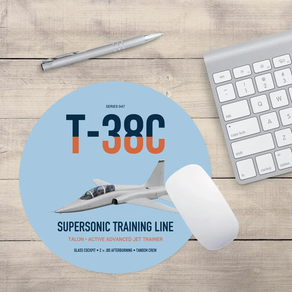 T-38C Talon design on light blue round mouse pad