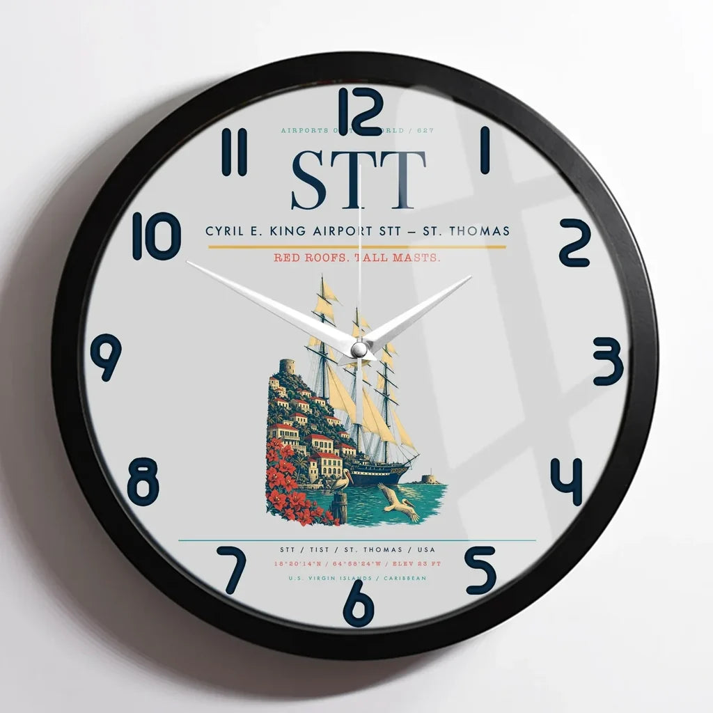 Cyril E. King Airport (STT) design on light gray framed wall clock