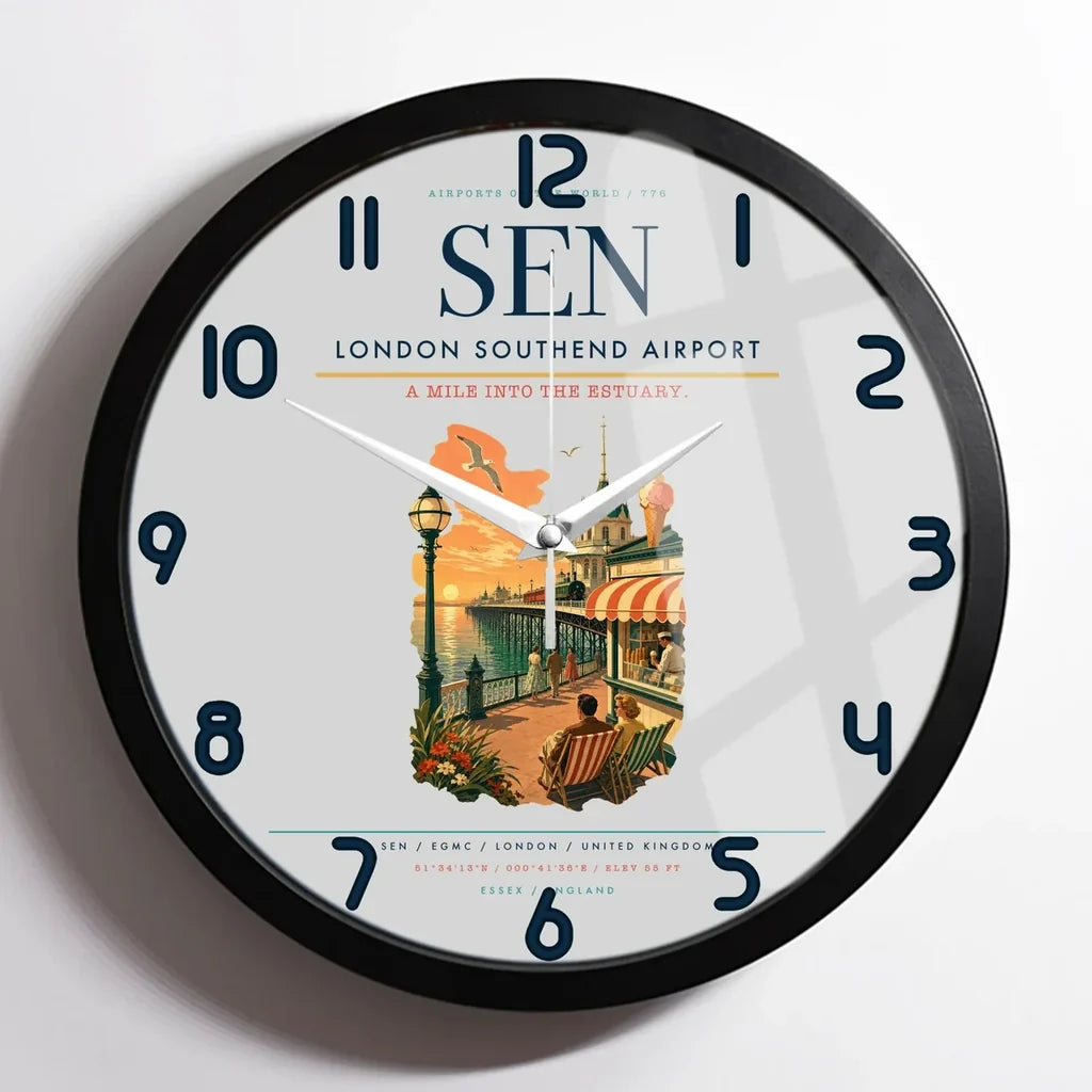 London Southend Airport (SEN) design on light gray framed wall clock